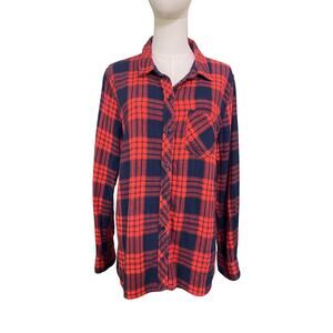 Gap Red Navy Double Cloth Plaid Polka Dot Boyfriend Shirt Heavyweight Cotton XL